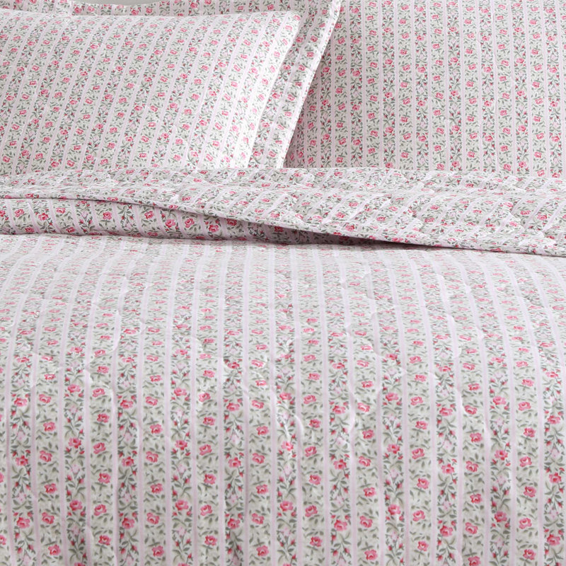 Laura Ashley Marta Stripe Cotton Reversible Pink Quilt Set, King Quilt + 2 King Shams