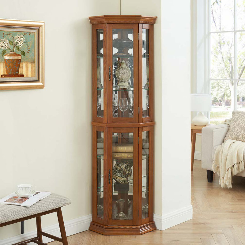 Corner Display With Adjustable Glass Shelf Shelving, Glass Door, 69.49” H x 15.35” W x 15.35” D, Yes, Oak