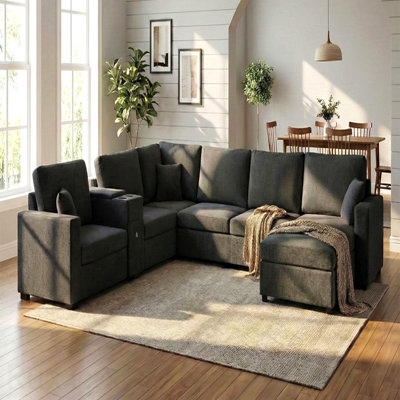 5‑Seat Modular Sectional Sofa Couch, 134" U‑Shape Couch, Large Family Sofa With Chaise Lounge, Deep Seat Comfort, Built‑In Cup Holders, Storage Drawer And Pillows For Living Room, Black