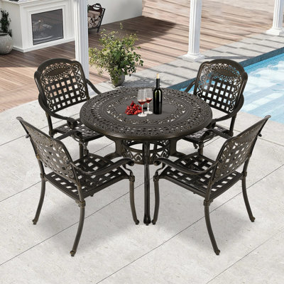 Ensemble de table de salle à manger pour 4 personnes, ensemble de meubles de patio en aluminium coulé 5 pièces avec 4 chaises et 1 table ronde, ensemble bistro toutes saisons pour l'extérieur, le jardin, le patio, le balcon, l'intérieur, le bronze