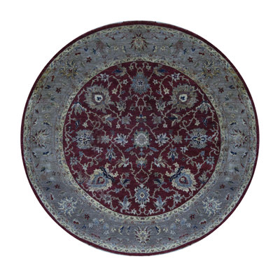 Tapis rond bourgogne et gris noué à la main de haute qualité