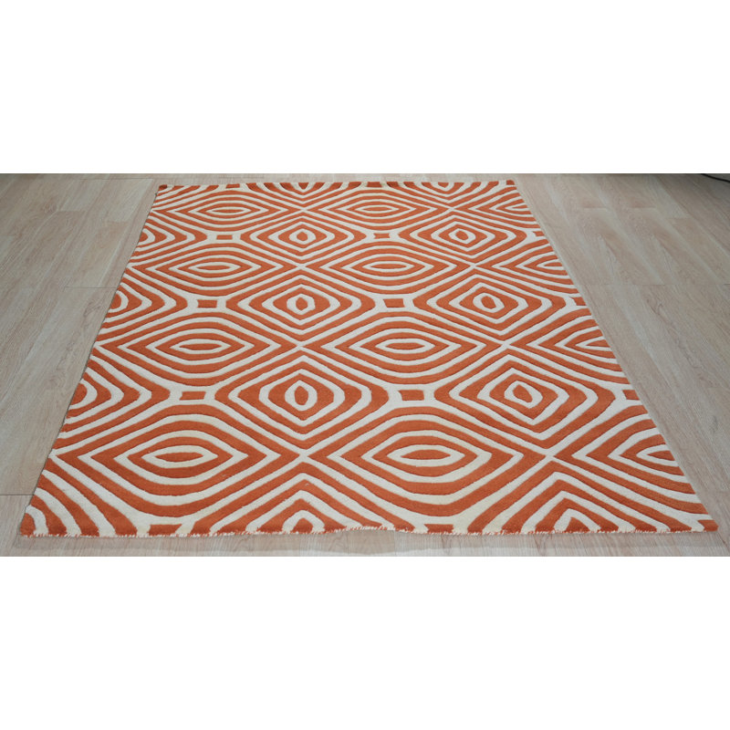 Ivory and Orange Geometric Hand-Tufted Wool Rug