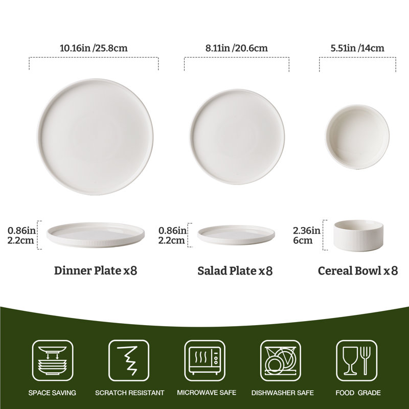 24 Pieces Porcelain Dinnerware Set, White, White