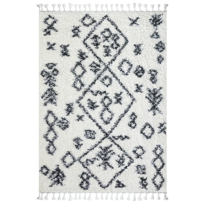 Tapis géométrique rectangulaire en polyester tissé à la machine blanc / anthracite Haings, Rectangle 2 pi 7 po x 4 pi 11 po