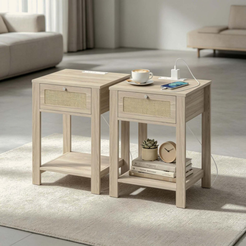 2 pièces, table de bout, table de chevet avec station de charge, tiroir et tablette ouverte