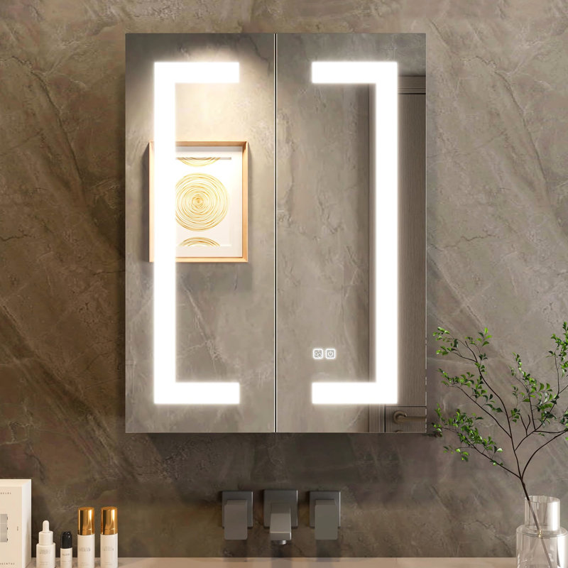 Armoire à pharmacie de salle de bain 32 po x 24 po avec miroir à brouillard à DEL - à intensité variable, tablette réglable, 2 portes, douilles, brouillard lumineux argenté, lustre