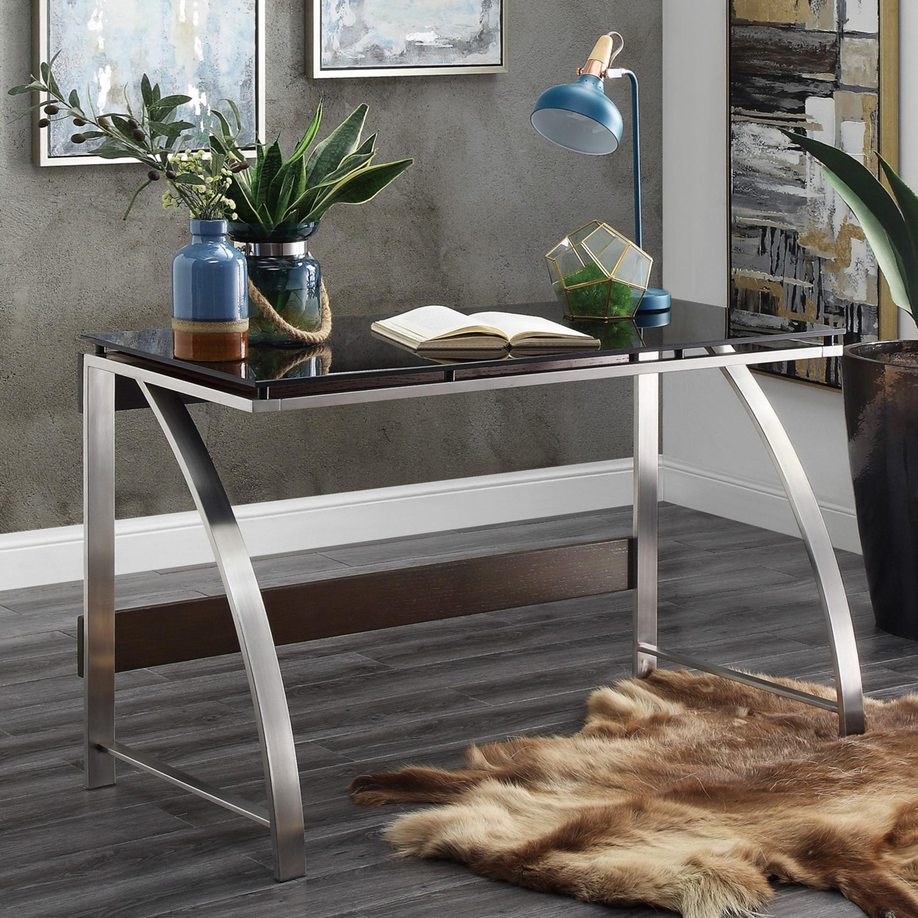 Brayden Studio® Modern Design Writing Desk Glass Top Stainless Steel ...