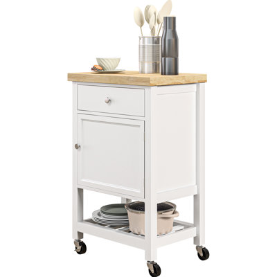 Utility Kitchen Cart, Rolling Kitchen Island With Smooth Rubberwood Top, Narrow Butcher Block Surface On Wheels With Storage Drawer & Cabinet