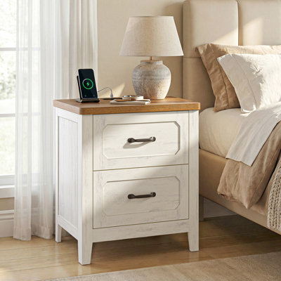 21.3" W 2-Drawer Nightstand with Charging Station Bedside Table with Metal Handle