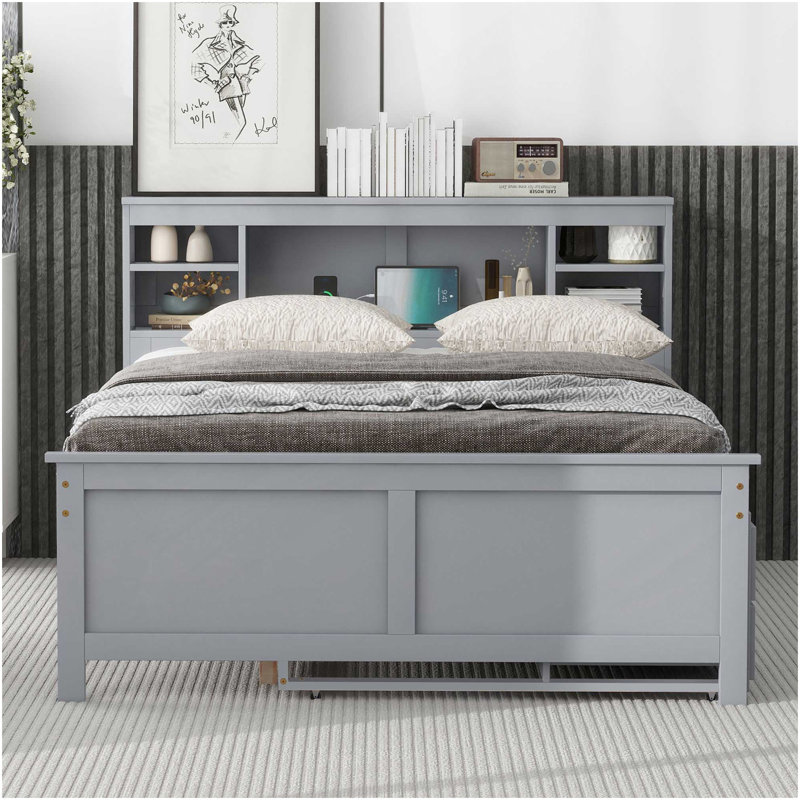 Lit plateforme double avec tête de lit à rangement, USB, lit gigogne simple et 3 tiroirs, gris, Gris