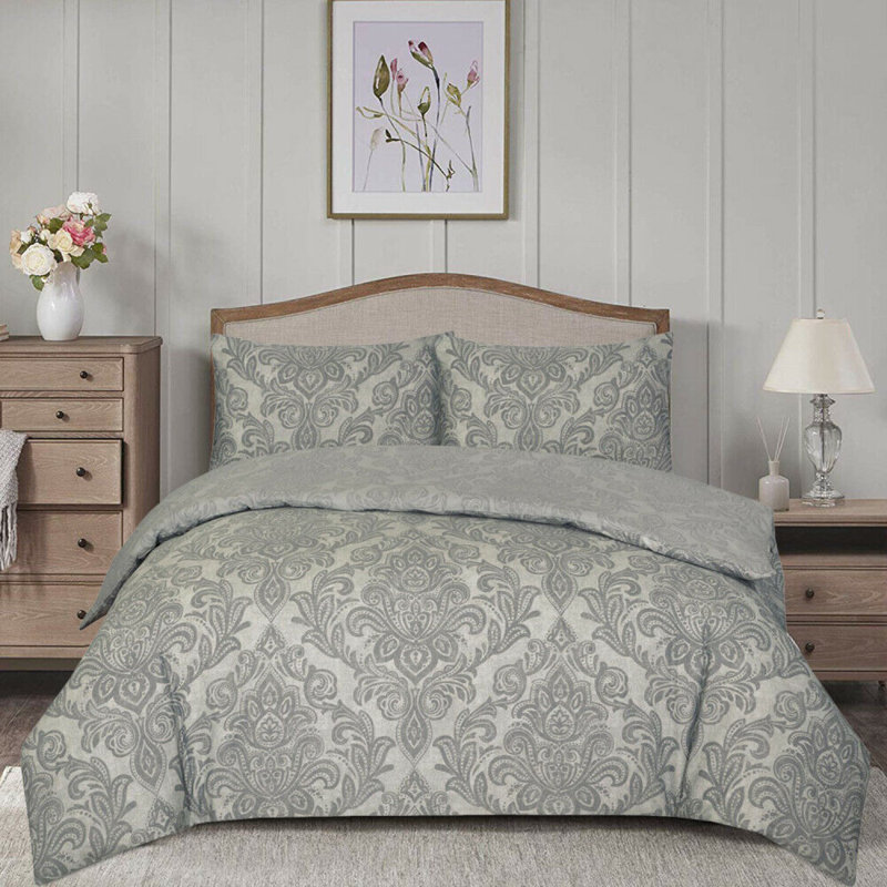 Aramis Damask Duvet Cover Set with Pillowcases, Grey, Single - 1 Standard Pillowcase