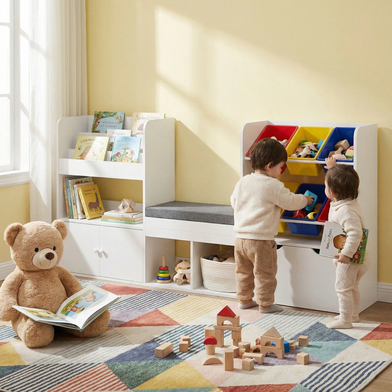 Organisateur de jouets pour enfants avec banc, bibliothèque et 6 bacs en plastique, Jaune / Bleu / Rouge