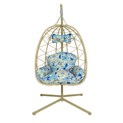 Fauteuil à œufs suspendu en rotin PE de 39,4 po x 39,4 po x 74,8 po avec support et coussin lavable 1 pièce