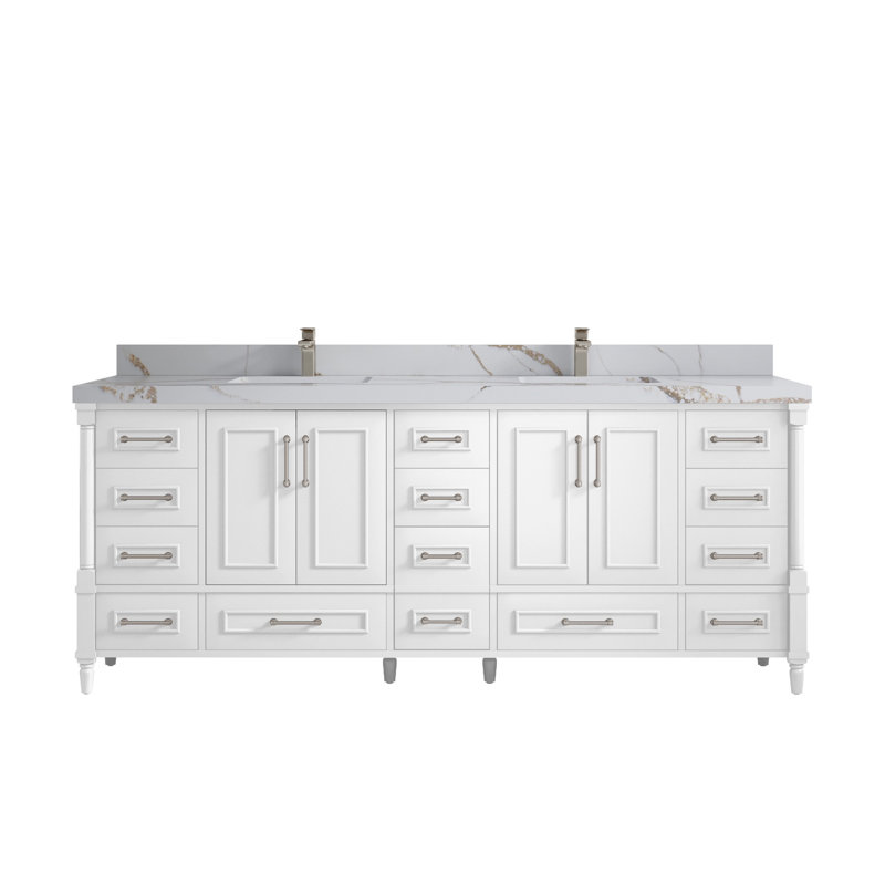 Meuble-lavabo double 84 po avec comptoir en quartz Aberdeen, Blanc, Or Calacatta