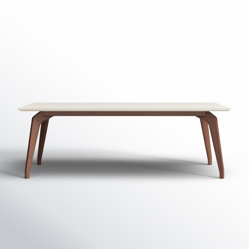 Rectangular Off-White Glass Top Dining Table with Nogal Wood Base