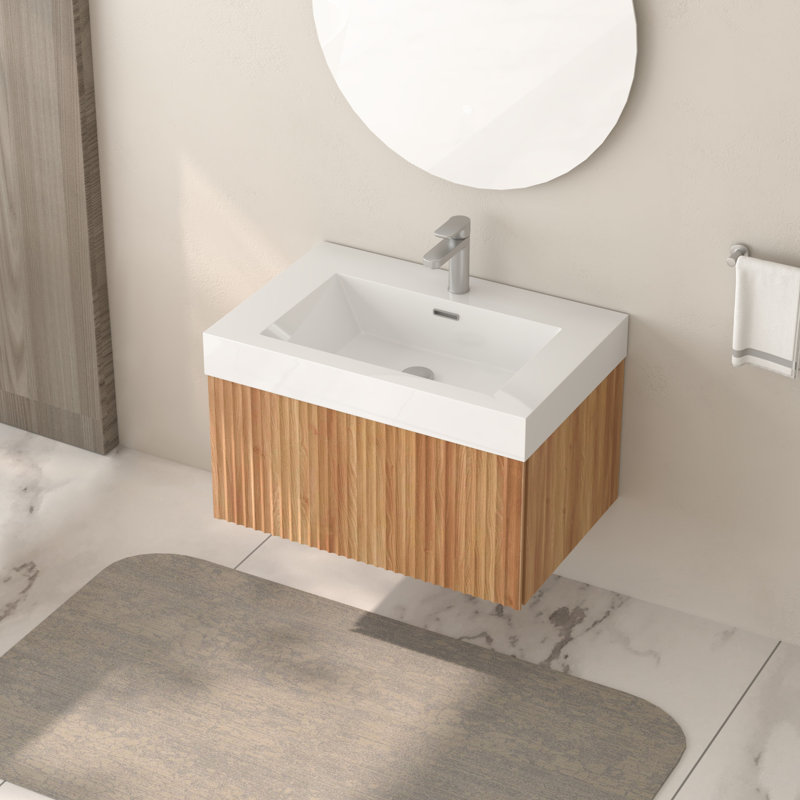 Meuble-lavabo mural de 30 po avec lavabo intégré, couleur bois, conception minimaliste pour les salles de bain compactes, espace, contreplaqué, poignées biseautées, tracas de quincaillerie Easy Diy - Manuel d'assemblage