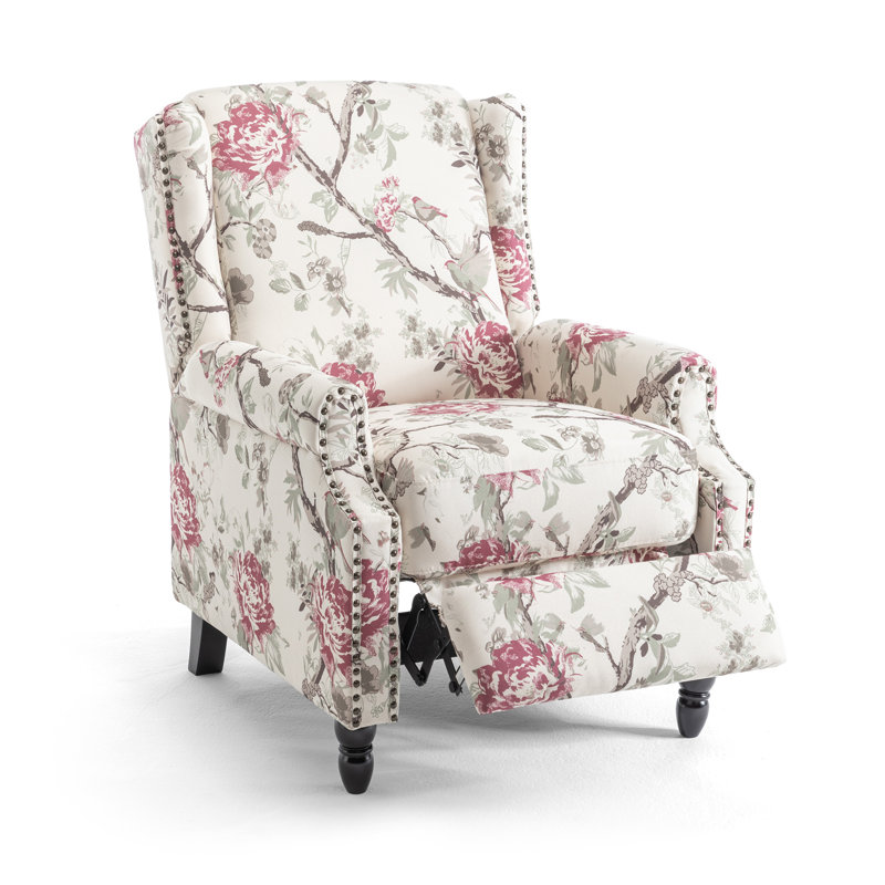 Ameiah 74 cm W Upholstered Wing Back Manual Push Back Recliner with Naihead Trims, Plants Floral Polyester