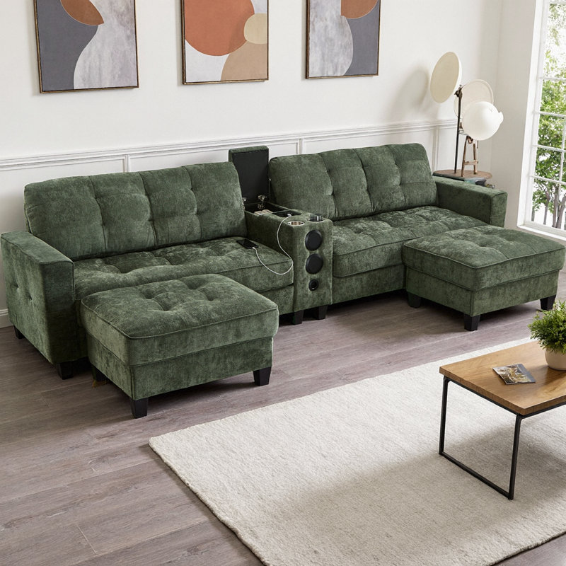 Canapé modulaire en forme de U de 126 po avec haut-parleurs Bluetooth, lumières DEL et console de rangement, canapé modulaire en chenille avec 2 repose-pieds de rangement mobiles, canapé de salon multifonctionnel