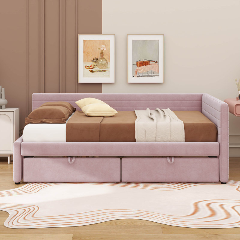 Lit de jour chic en polyester avec deux tiroirs intégrés, Rose