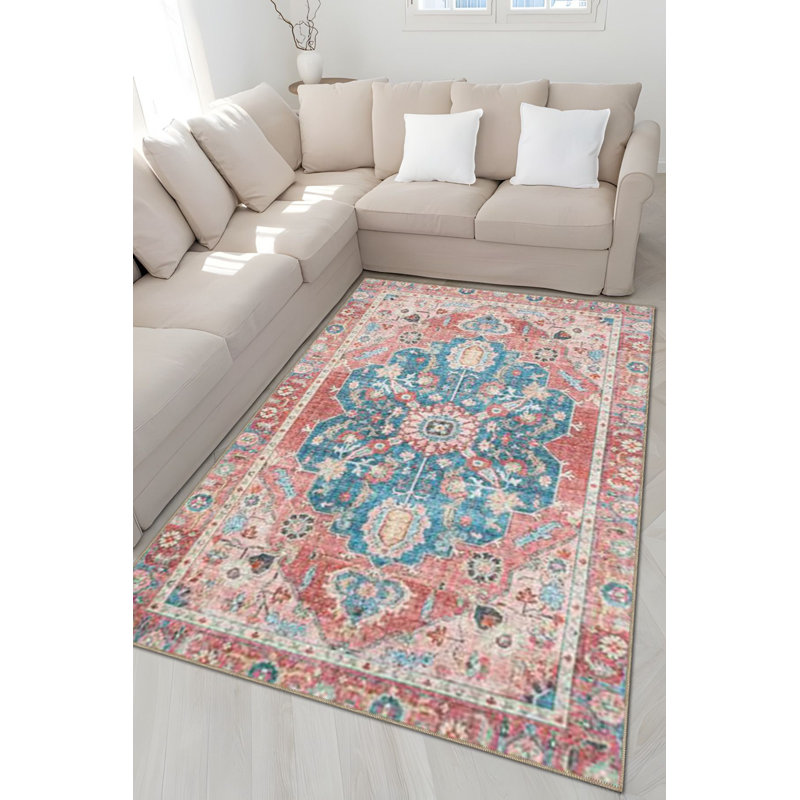Tapis décoratif bleu et rose à motif traditionnel lavable à la machine, Rectangle 3 pi 3 po x 4 pi 11 po