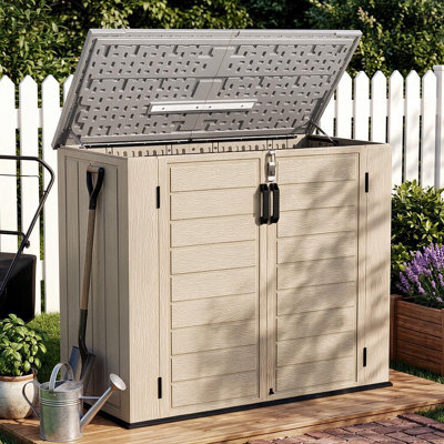 Abri de jardin de 142 cm (L) x 120 cm (H), armoire de rangement étanche en résine, grand coffre de terrasse avec couvercle à ouverture facile, résistant aux UV et au vent, ensemble d'étagères pour patio, jardin et cour, 1,16 m³, brun