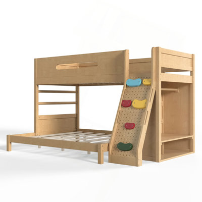 Lit simple superposé au-dessus de grand lit simple avec garde-robe et espaces de rangement intégrés, lit superposé en bois massif avec garde-corps, escalade enfantine et lattes améliorées