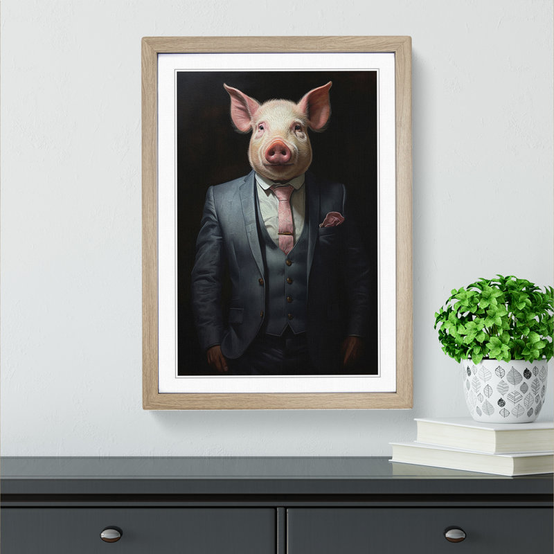 Pig In A Suit No.2 - Single Picture Frame Print on Wood, Oak, 34cm H x 25cm W x 2cm D