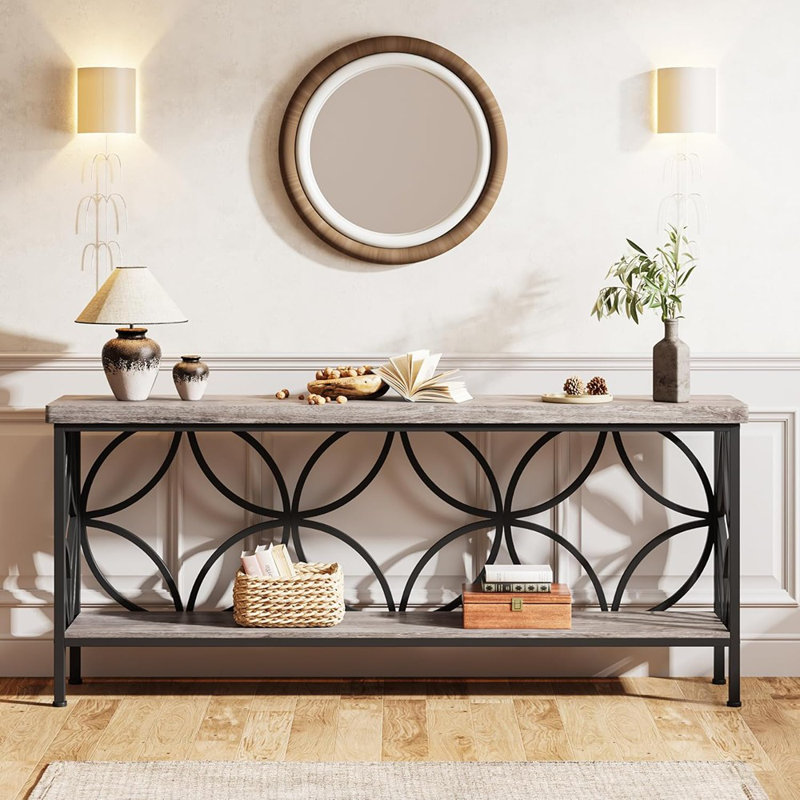 Console extra-longue étroite, canapé industriel à 2 niveaux avec tablettes de rangement, brun rustique et noir