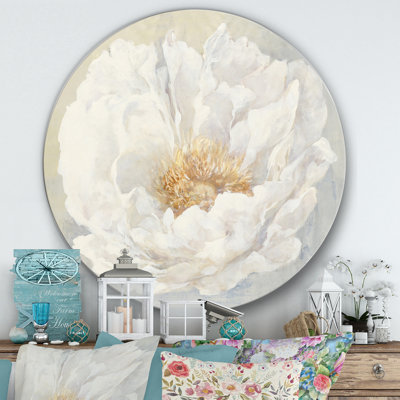 White Serene Peony - Reproduction d'art en cercle métallique sur toile