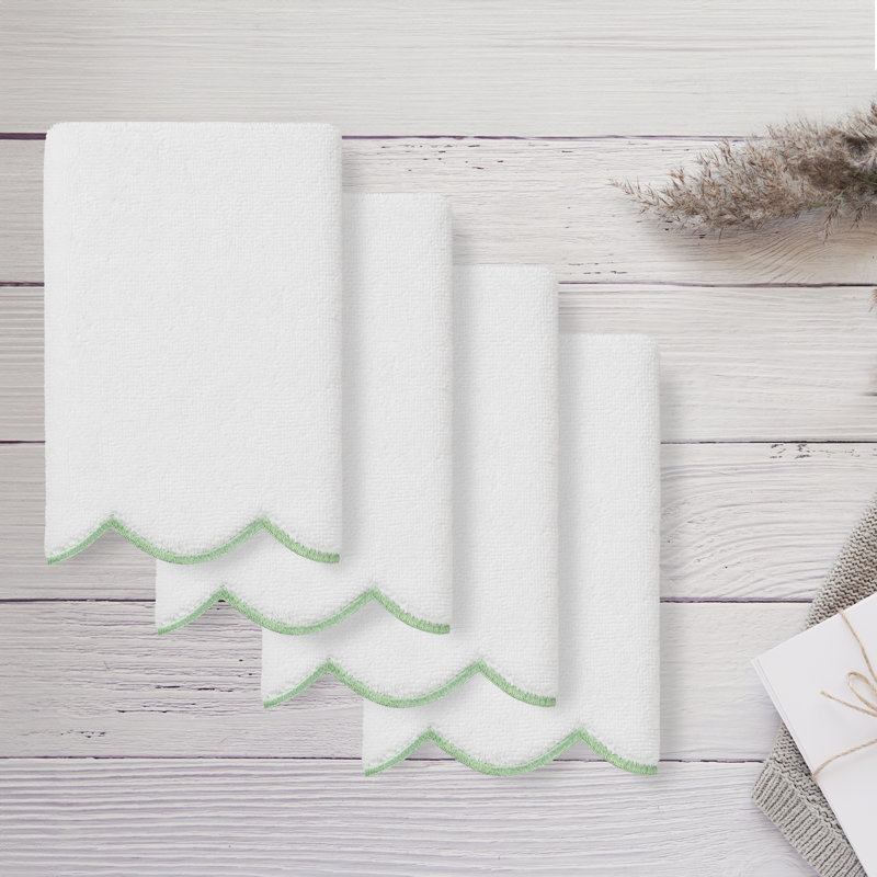  100% Turkish Cotton ADORNIA Scallop 4PC Fingertip Towel Set, White/Green, Fingertip Towel - 4 Pack