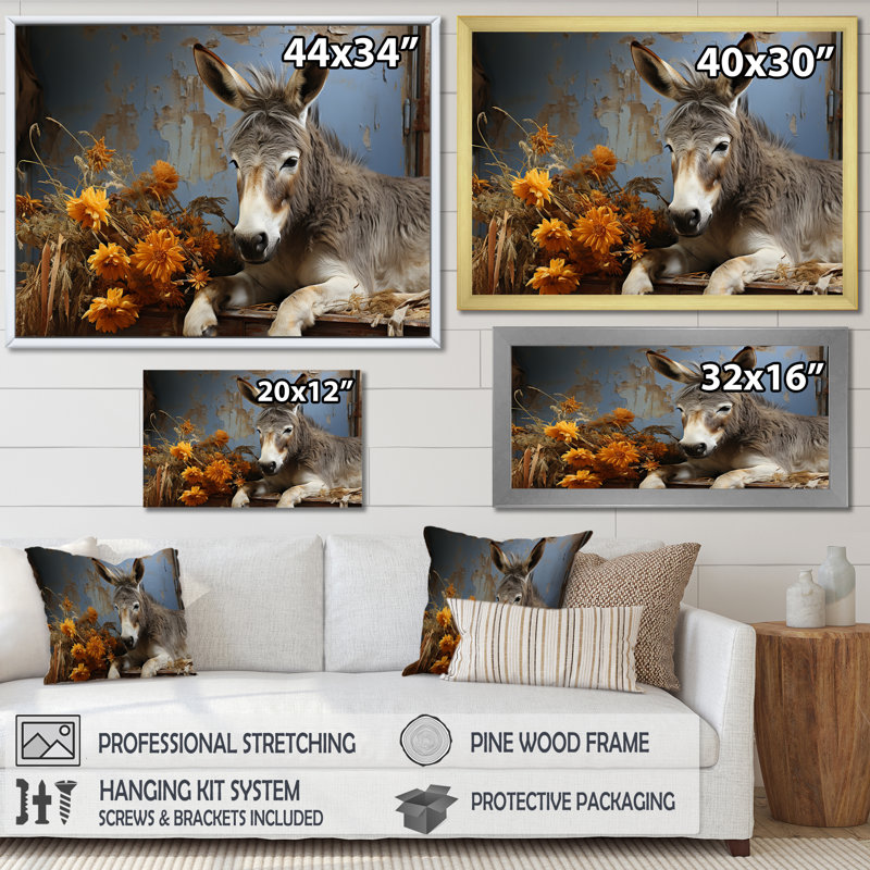 Farmhouse Donkeys Flower Charm I - âne, art mural, Cadre flottant blanc, H 12 po x l 20 po x P 1 po