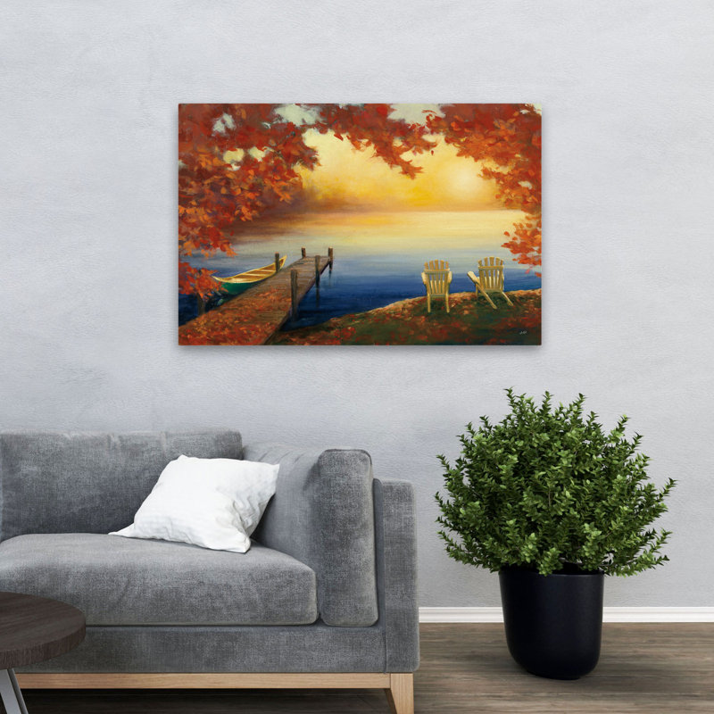Autumn Glow Crop V2 - Adirondack Chairs Autumn Blue Boat Art, 36" H x 48" W