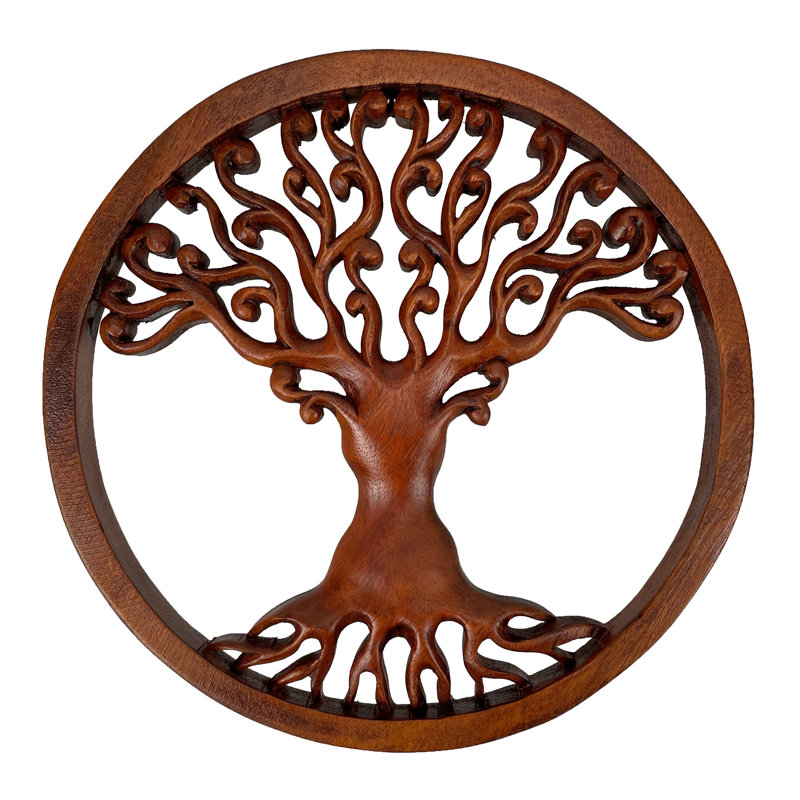 Décoration murale arbre de vie bohémien en bois sculpté à la main avec finition acajou brun - 11,5 po de diamètre, 1 po d'épaisseur