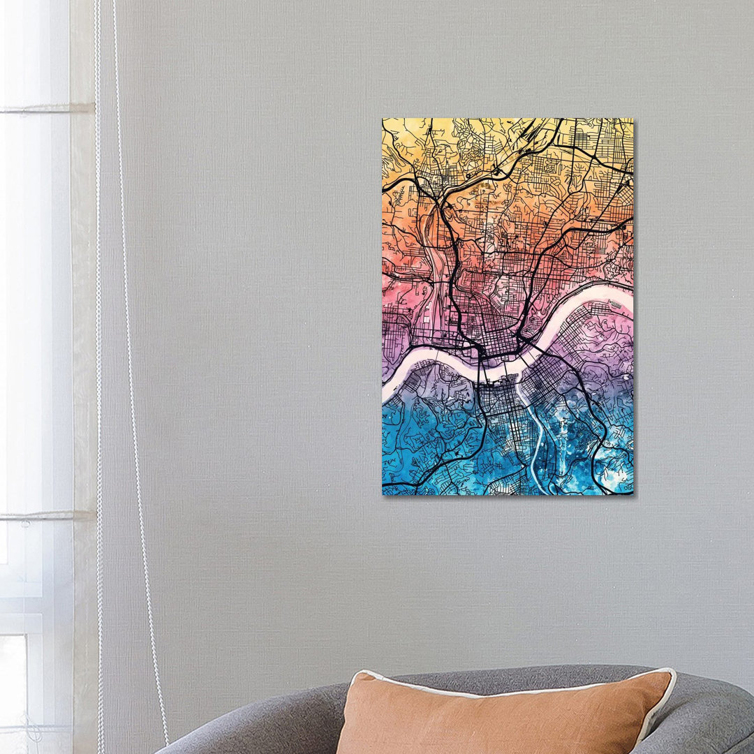 Cincinnati Ohio City Map IV by Michael Tompsett - Wrapped Canvas Gallery-Wrapped Canvas Giclée