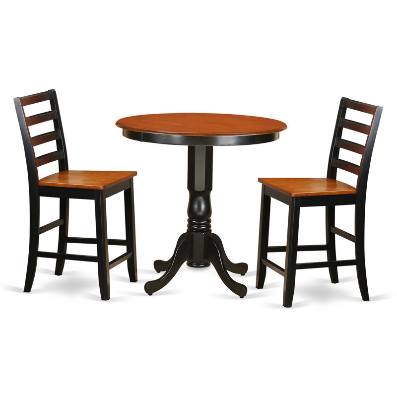 3 Piece Kitchen Counter Set for Small Spaces Contains a Round Dining Room Table with Pedestal and 2 Dining Chairs, Black & Cherry
