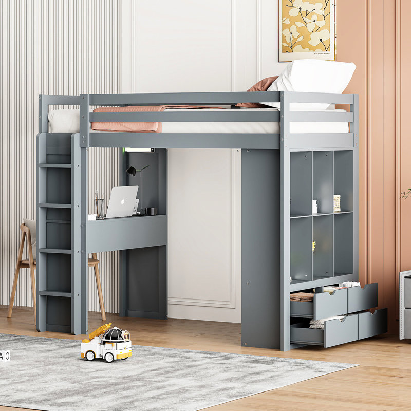 Lit mezzanine simple avec tablettes, bureau, tablettes gris