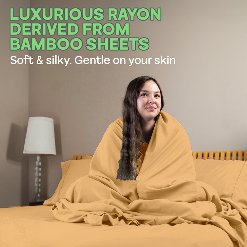 Premium Rayon From Bamboo Blend Sheet Set With Deep Pockets, Cooling and Breathable, Gold, King Sheet Set with 4 Pillowcases