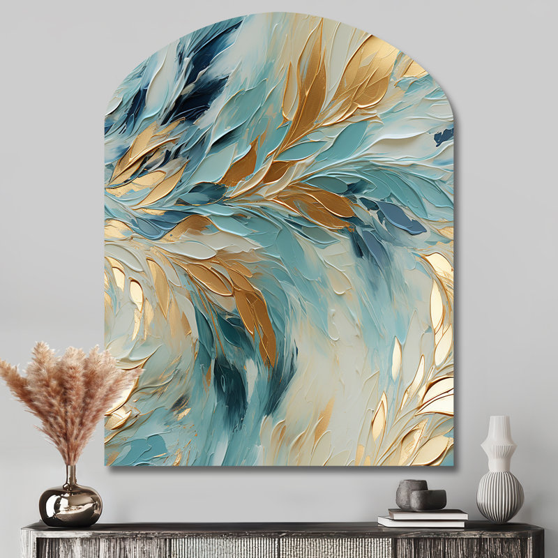 Or et bleu, expérience de dérive givrée - Art mural asymétrique abstrait en métal, H 43 po x l 33 po