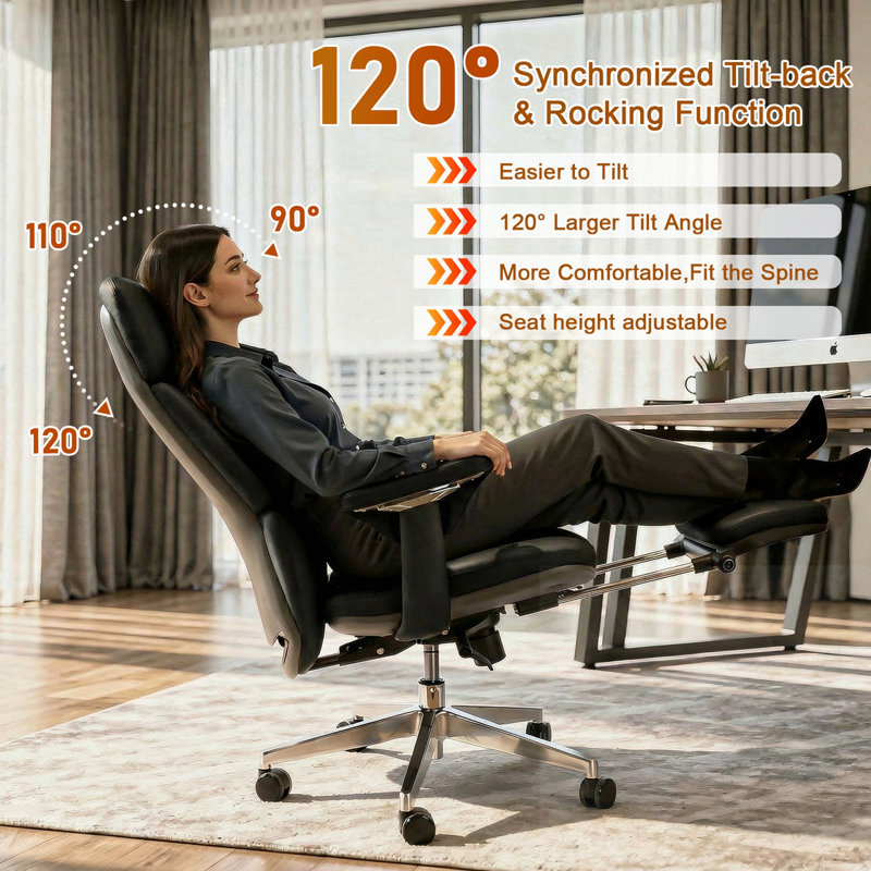 Chaise de bureau rotative réglable avec repose-pieds, Noir, Noir