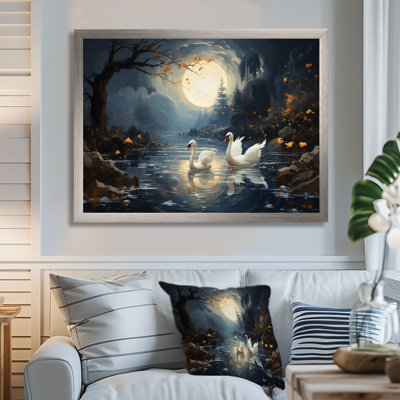 White Swans harmony moonlight pond II - Swans Framed Wall Art
