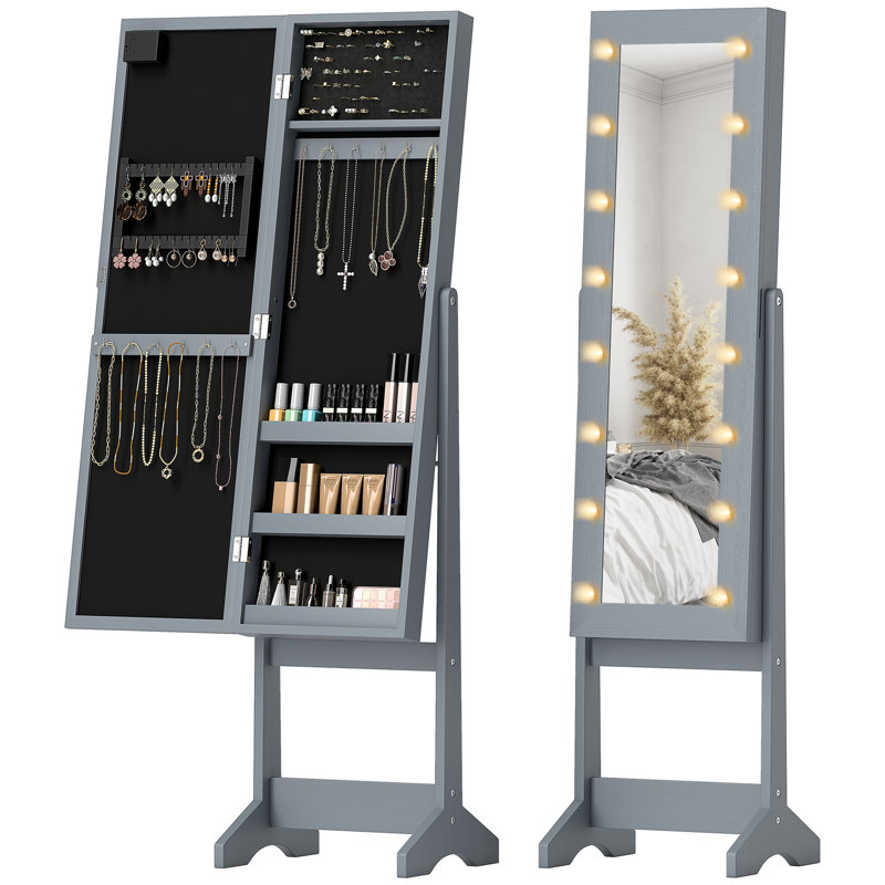 HOMCOM Freestanding LED Mirrored Jewelry Cabinet, Grey