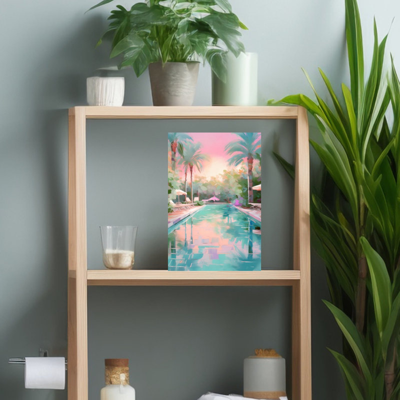 Tableau d'art mural représentant une piscine de villégiature de rêve, un coucher de soleil d'été serein et paisible sous un palmier