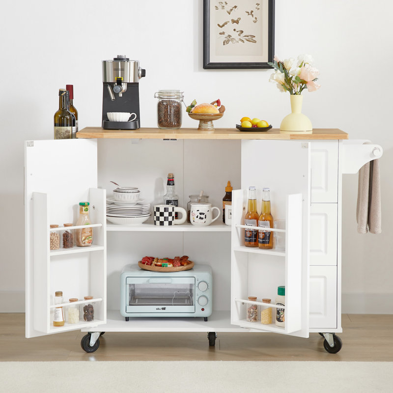 Chariot pour îlot de cuisine avec tablettes amovibles et 2 verrouillables, abattant de table blanc, armoire de rangement, mobilité douce