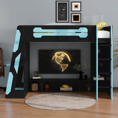 Lit mezzanine simple avec bureau et tablettes et lumière à DEL RVB, cadre de lit de jeu avec tablettes de rangement, échelle et garde-corps