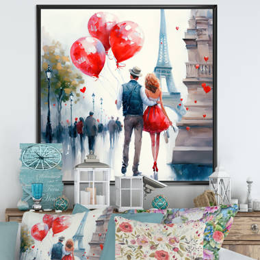 Couple Kissing Under Red Umbrella Painting Romantic Wall Art for