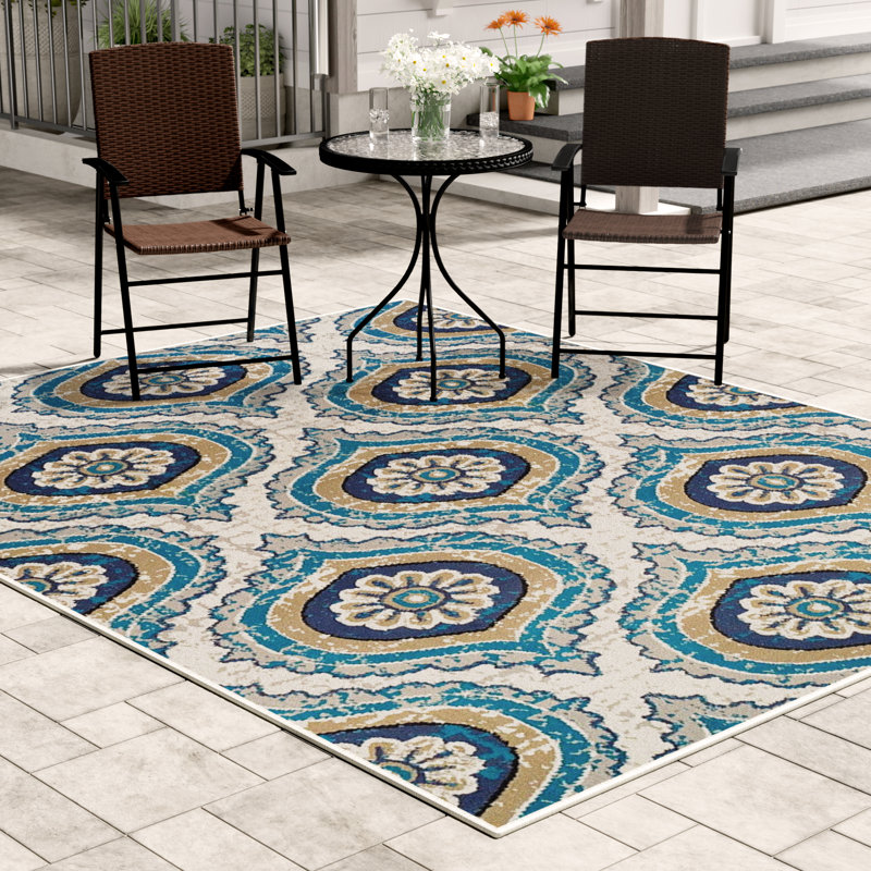 Tapis intérieur / extérieur à motif géométrique bleu marine / ivoire Mirko, Rectangle 8 pi x 11 pi