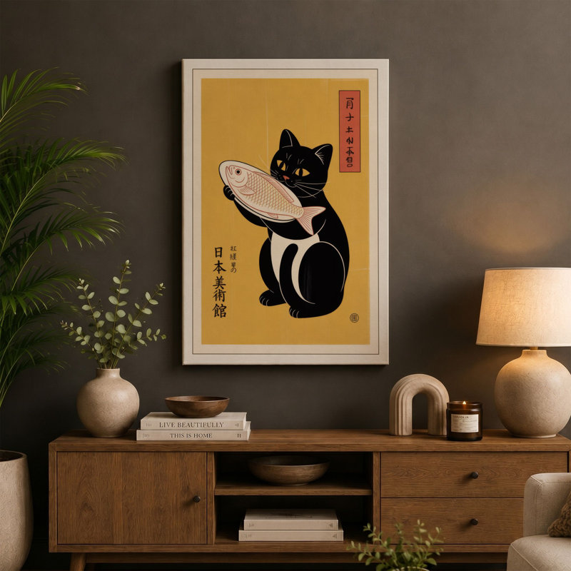 Cat with Fish Japandi - Wrapped Canvas, 36x24 - 91.4 x 61.0 cm, Sage Border