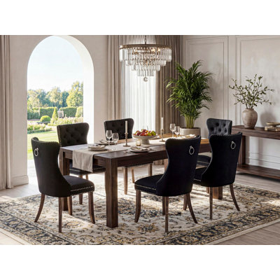 Ensemble de table de cuisine 7 pièces composé d'une table de salle à manger rectangulaire en bois rustique et de 6 chaises rembourrées en tissu de polyester, patiné Jacobean
