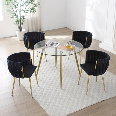 Modern Velvet Dining Chairs Set Of 2, Upholstered Woven Dining Chair With Golden Metal Legs, Upholstered Dining Chairs For Dining Room, Kitchen, Vanity, Living Room