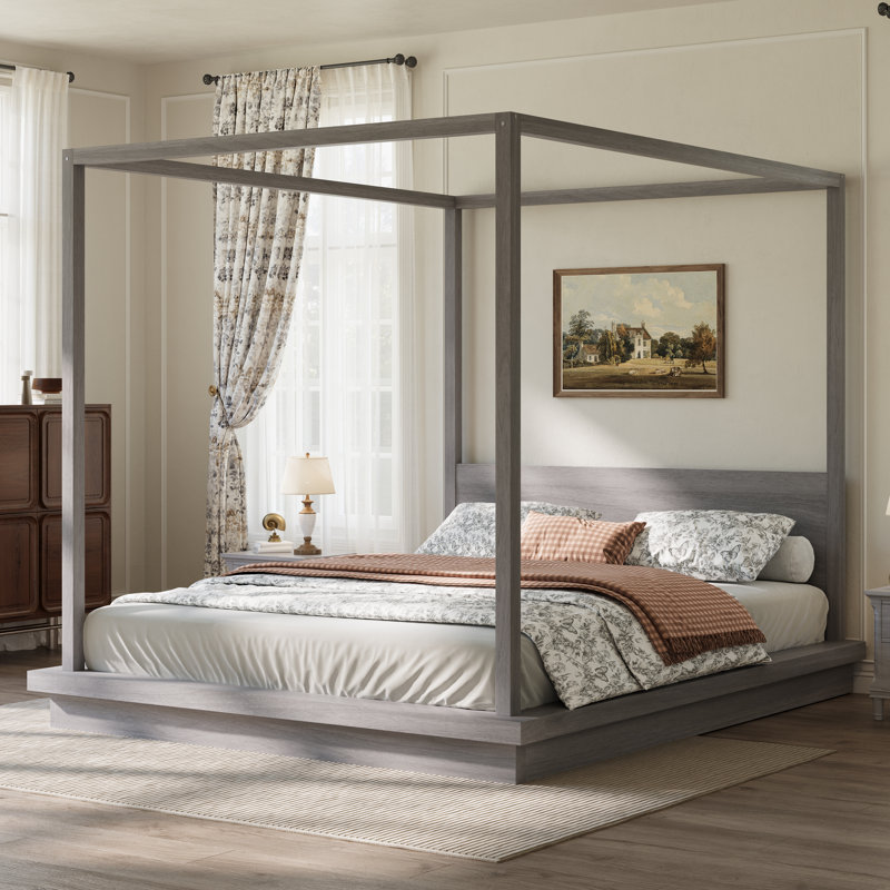 Très grand lit plateforme à baldaquin en bois avec tête de lit, gris (heure d’arrivée prévue: 6,23), Très grand lit, Gris